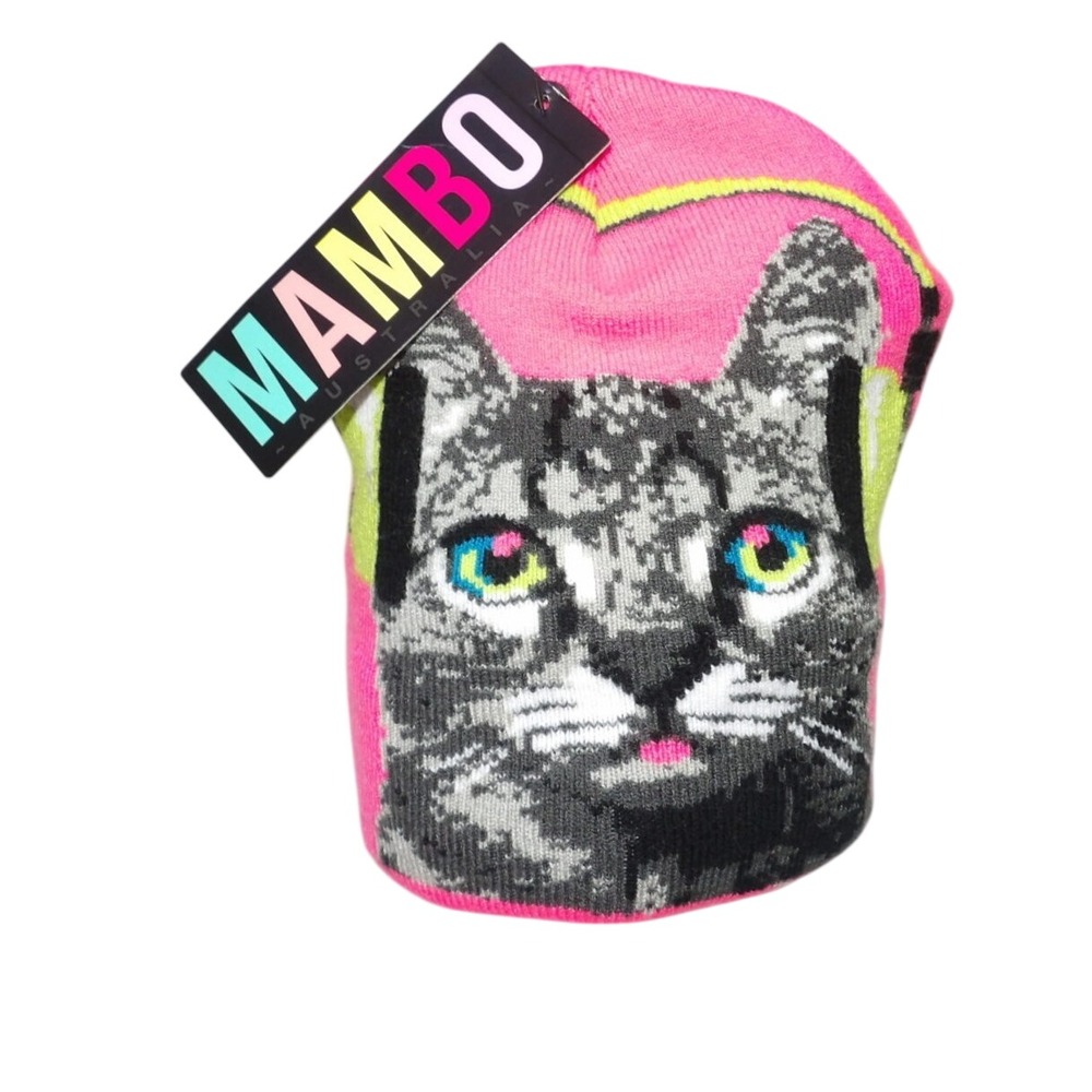 Mambo Australia Neon Pink Cat with Headphones Graphic Knit Beanie Hat NWT